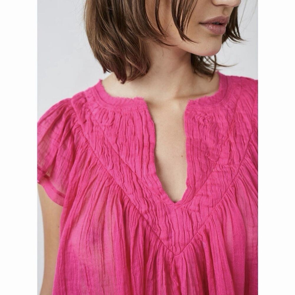 Free People FP One Padma Blouse V Neck Flutter Sleeve Gauze Raw Trim Small